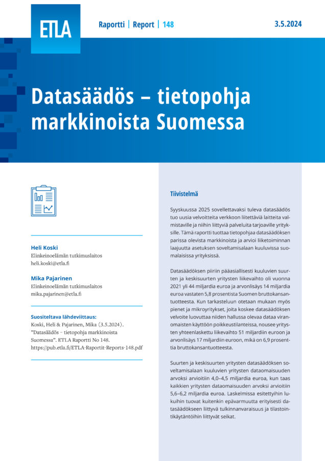The Data Act – Insights into the Affected Markets in Finlands - ETLA-Raportit-Reports-148