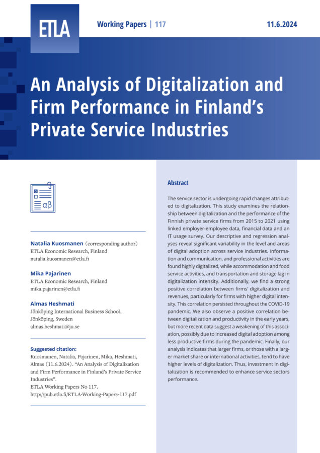 An Analysis of Digitalization and Firm Performance in Finland’s Private Service Industries - ETLA-Working-Papers-117