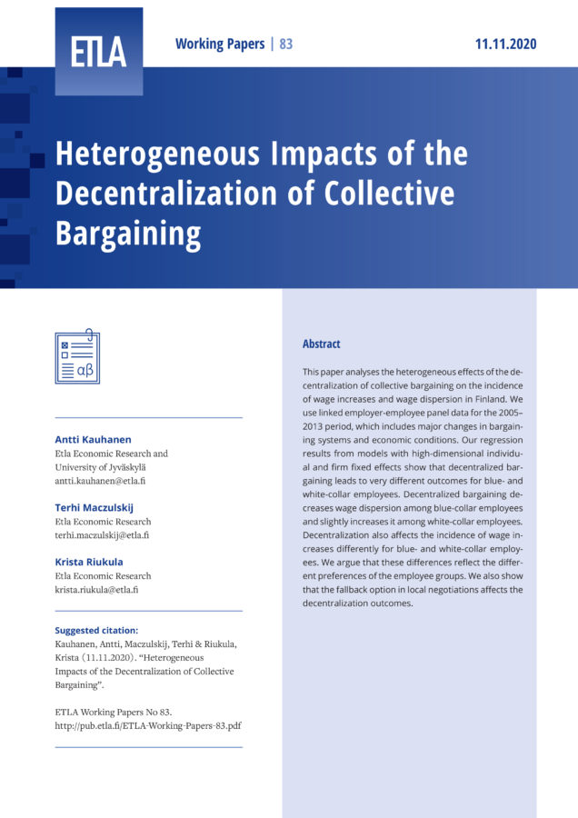 Heterogeneous Impacts of the Decentralization of Collective Bargaining - ETLA-Working-Papers-83